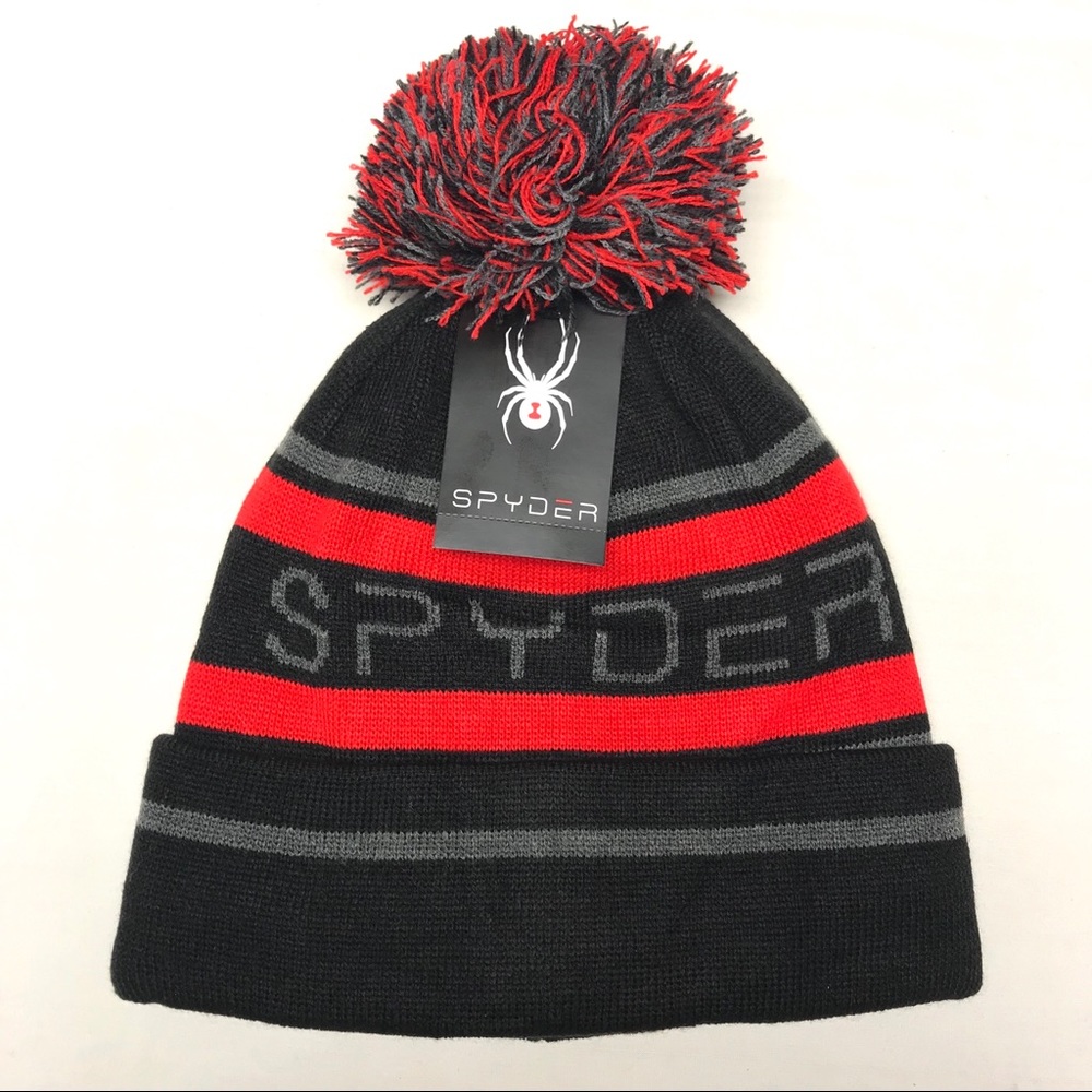 Spyder Mens Beanie Pom Hat Black/Red Striped Cap